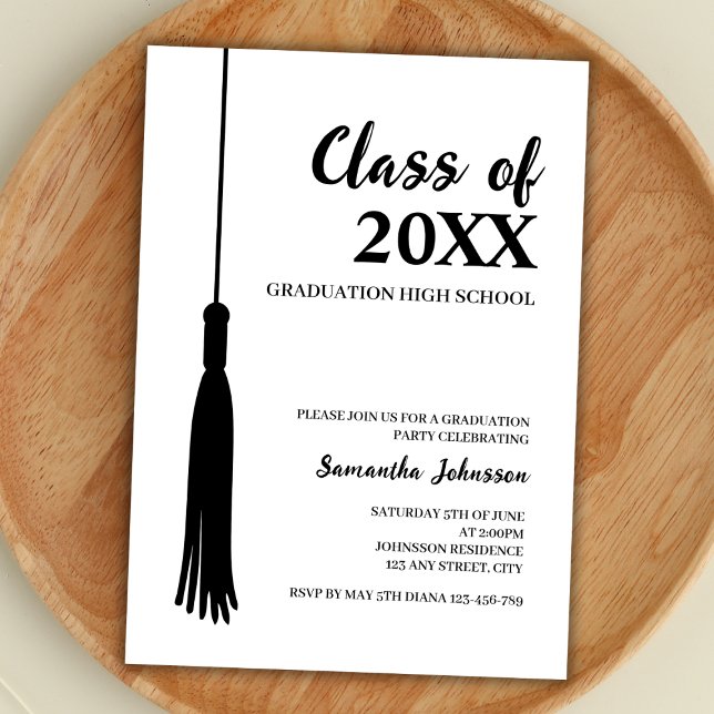 Convites Classe Elegante De Graduação De Tassel Formando 20 (graduation party invitation class of 2024 elegant minimalist simple black and white grad tassel)