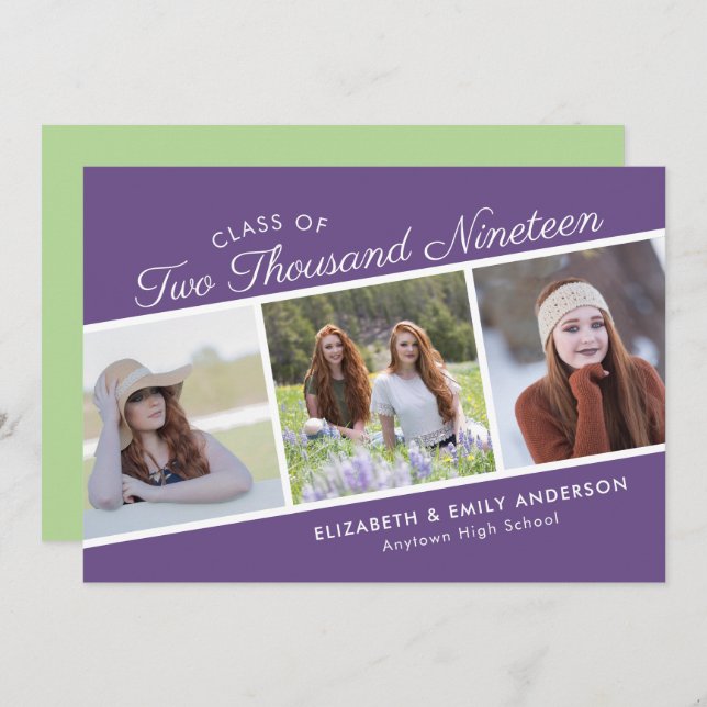 Convites Classe Elegante de Script de 2019 | Graduação de 3 (Frente/Verso)