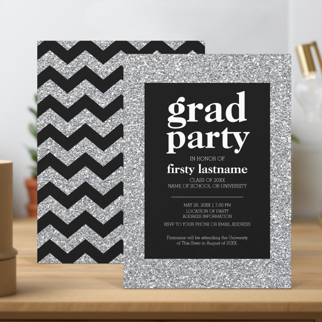 Convites Classe - Festa de formatura de brilho prateado pre (Graduation Party Invitation - black and silver)