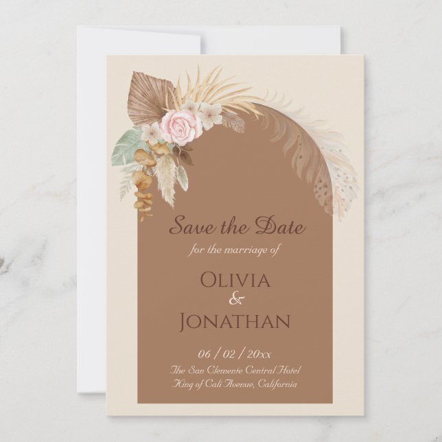 Convites Classe Moderna Boho Rustic Beige Brown Salvar Data (Frente)