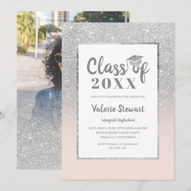 Convites Classe moderna de brilho prateado da graduação de  (Frente/Verso)