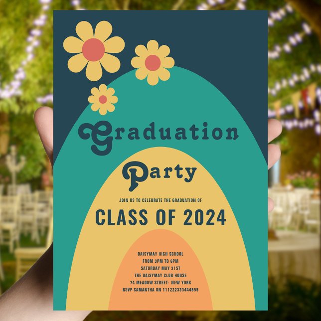Convites Classe Retroativa de Festa de formatura 2024 (Retro class of 2024 high school graduation party with groovy typography blue green yellow orange)