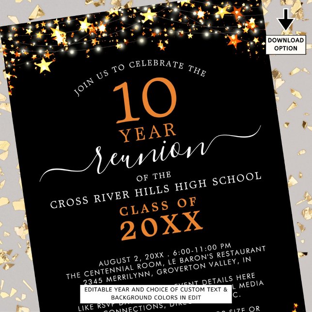 Convites Classe Reunião Black Orange Stars Luzes A Qualquer (Criador carregado)