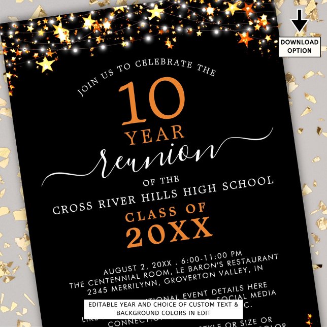 Convites Classe Reunião Black Orange Stars Luzes A Qualquer (Criador carregado)