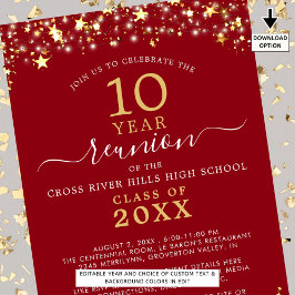 Convites Classe Reunion Red Dourada Stars Luz A Qualquer An