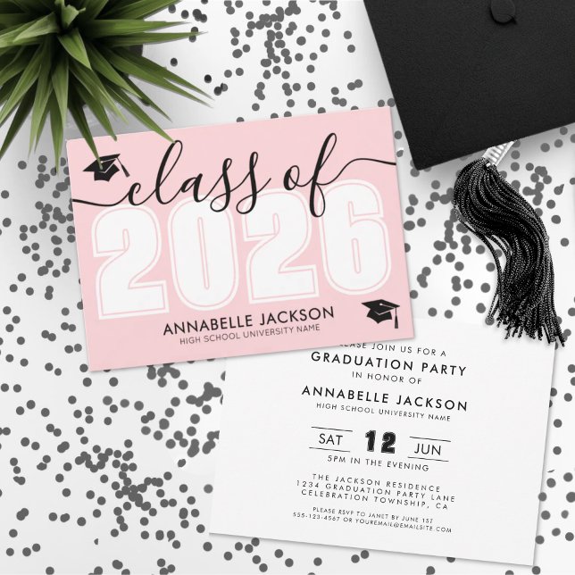 Convites Classe Rosa De Festa de formatura 2025 (Pink Class Of 2025 Graduation Party Invitation)