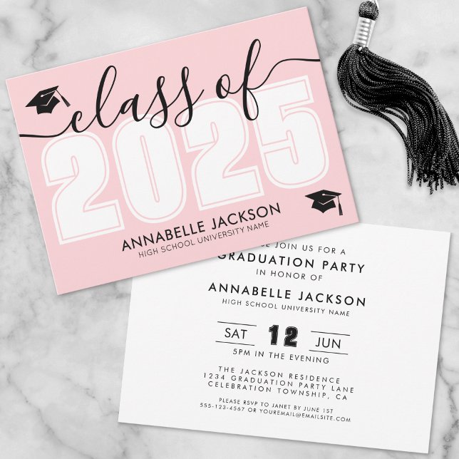 Convites Classe Rosa De Festa de formatura 2025 (Pink Class Of 2025 Graduation Party Invitation)