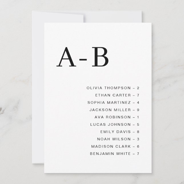 Convites Classic Alphabetical Wedding Seating Chart Card (Frente)