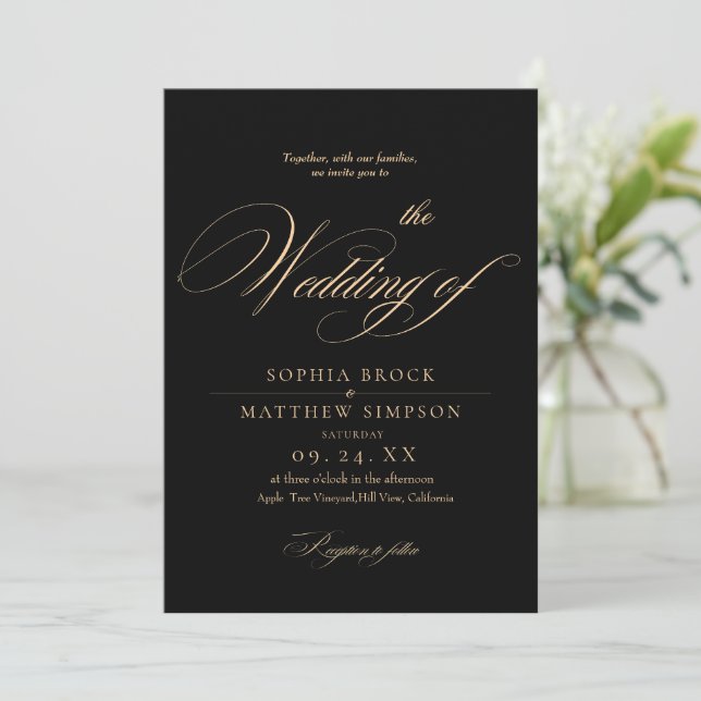 Convites Classic Black and Burgundy Script Wedding (Em pé/Frente)