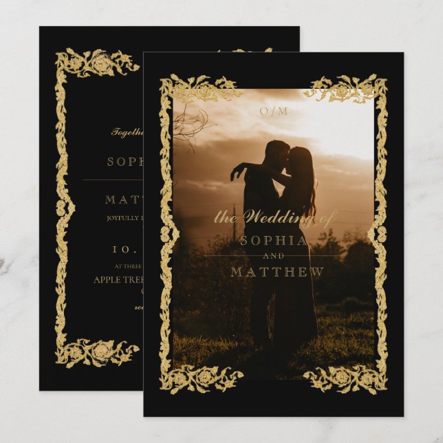 Convites Classic Black Gold Frame⎮ Photo Wedding Invitation (Frente/Verso)
