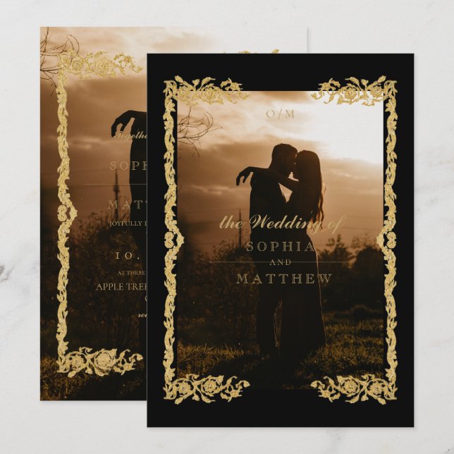 Convites Classic Black Gold Photo Wedding Invitation (Frente/Verso)