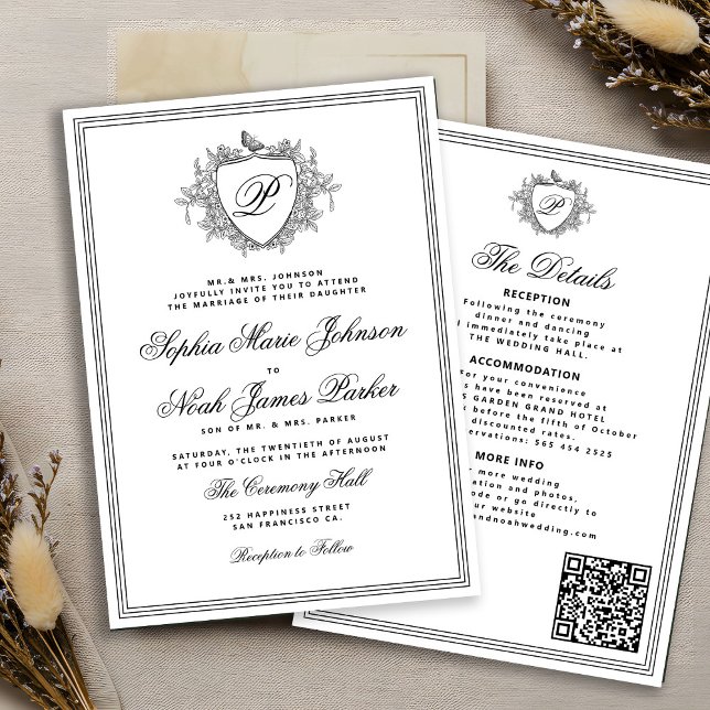 Convites Classic black white QR formal monogram wedding  (Criador carregado)