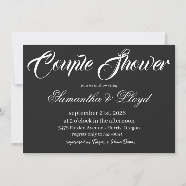 Convites Classic Black & White Script Couples Bridal Shower (Frente)