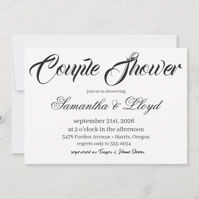 Convites Classic Black & White Script Couples Bridal Shower (Frente)