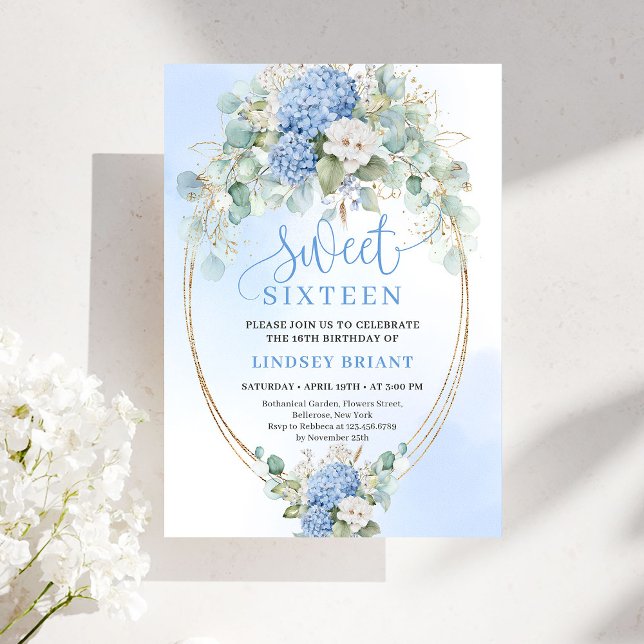 Convites Classic Blue Floral Eucalyptus Sweet 16 Invitation (Classic Blue Floral Eucalyptus Sweet 16 Invitation)