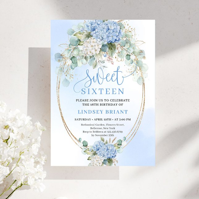 Convites Classic Blue Hydrangea Gold Floral Sweet Sixteen (Classic Blue Hydrangea Gold Floral Sweet Sixteen Invitation)