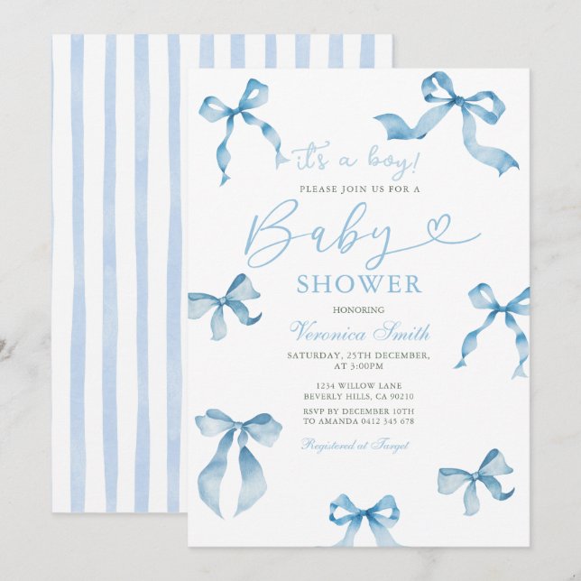 Convites Classic Blue Ribbon Bow Baby Shower Invite (Frente/Verso)