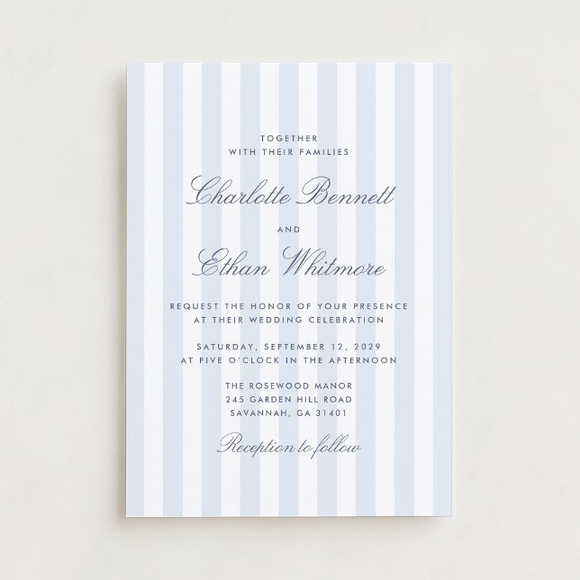 Convites Classic Blue Stripe Preppy Wedding Invitation (Criador carregado)