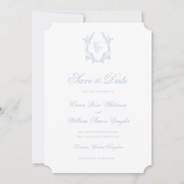 Convites Classic Blue Wedding Crest Save The Date Invite (Frente)