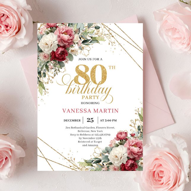 Convites Classic Blush Burgundy Floral 80th Birthday Invite (Classic Blush Burgundy Floral 80th Birthday Invite)