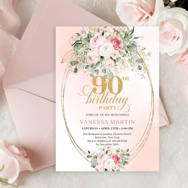 Convites Classic Blush Floral Greenery Gold 90th Birthday  (Timeless Blush Rose Boho 90th Birthday Party Invitation)