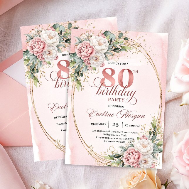 Convites Classic Blush Pink Flowers Greenery 80th Birthday (Classic Blush Pink Flowers Greenery 80th Invitation)