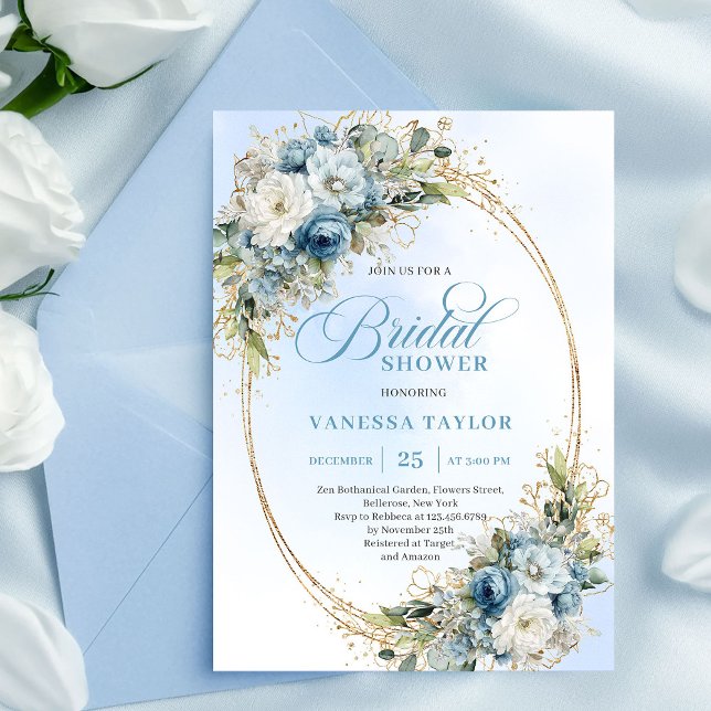 Convites Classic Boho Dusty Blue Floral Gold Bridal Shower (Classic Dusty Blue Floral Gold Bridal Shower Invitation)