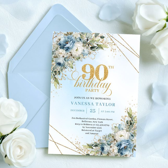 Convites Classic Boho Dusty Blue White Floral 90th Birthday (Classic Dusty Blue White Floral 90th Birthday Invite

)
