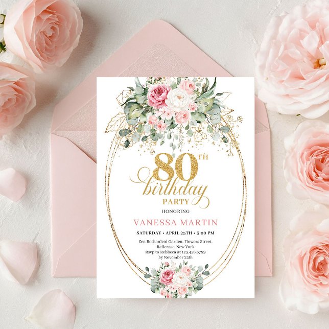 Convites Classic Boho Minimalist Blush Floral 80th Birthday (Classic Minimalist Blush Floral 80th Birthday Invite

)