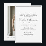 Convites Classic Border Script White Elegant Photo Wedding<br><div class="desc">This wedding invitation features elegant script names paired with classic serif typography in a timeless black and white layout. The clean double border and traditional wording create a refined look perfect for formal ceremonies and black tie weddings. The back includes a vertical photo, adding a personal and modern touch to...</div>