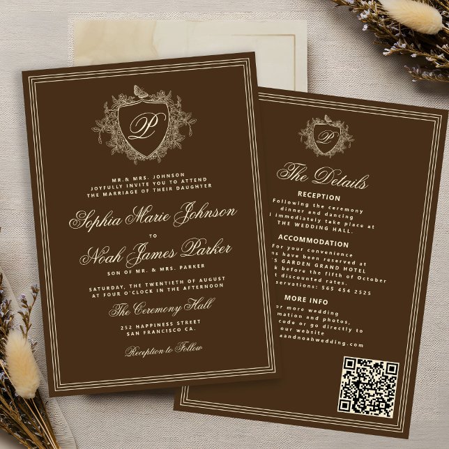 Convites Classic brown QR code formal monogram wedding  (Criador carregado)