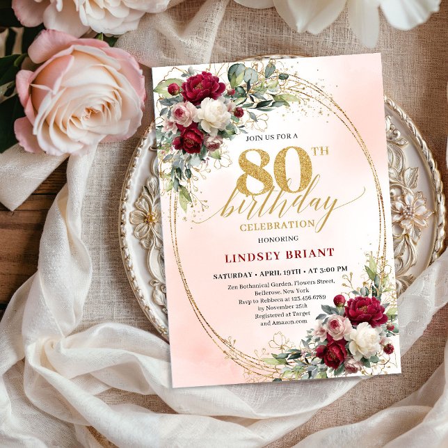 Convites Classic Burgundy Boho Floral 80th Birthday Invite (Classic Burgundy Boho Floral 80th Birthday Invite)