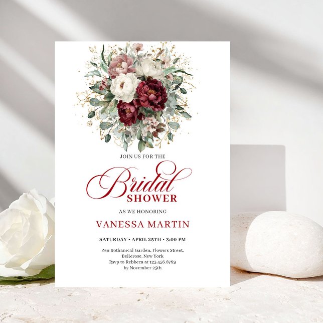Convites Classic Burgundy Floral Bridal Shower Invitation (Classic Burgundy Floral Bridal Shower Invitation)