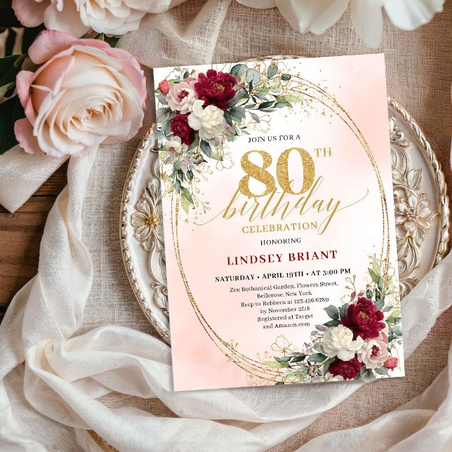 Convites Classic Burgundy Floral Gold 80th Birthday Invite (Classic Burgundy Floral Gold 80th Birthday Invite)
