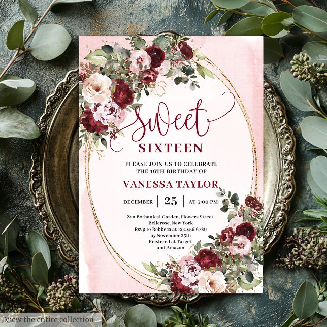 Convites Classic Burgundy Floral Gold Sweet Sixteen Card (Classic Burgundy Floral Gold Sweet Sixteen Card)