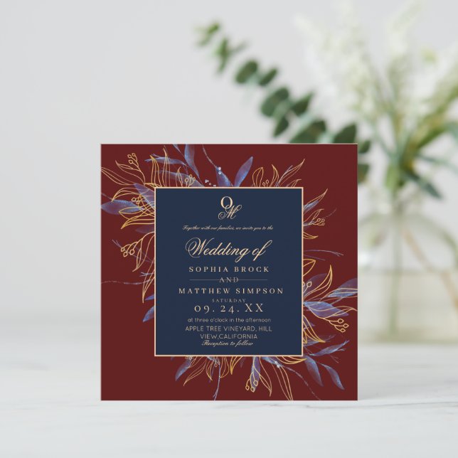 Convites Classic Burgundy Navy Blue Floral Wedding (Em pé/Frente)