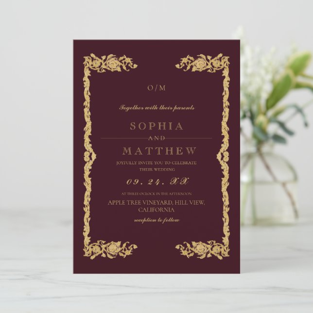 Convites Classic Burgundy Wedding Photo Invitation (Em pé/Frente)