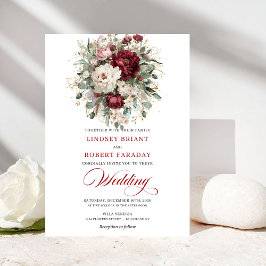 Convites Classic Burgundy White Floral Gold Wedding Invite