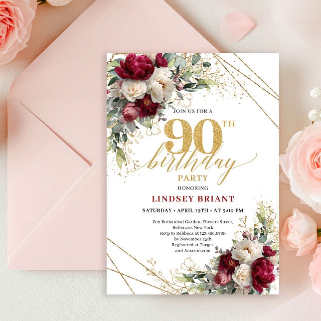 Convites Classic Burgundy White Roses 90th Birthday Invite (Classic Burgundy White Roses 90th Birthday Invite)