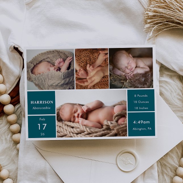 Convites Classic Chic Baby Photo Collage Announcement Card (Criador carregado)