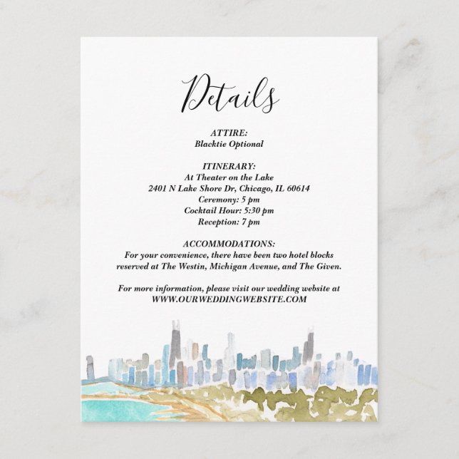 Convites Classic Chicago Skyline Watercolor Details Card (Frente)