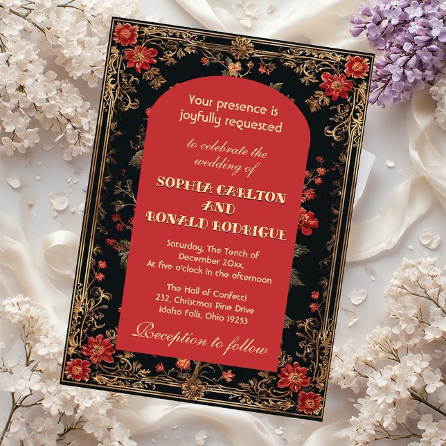 Convites Classic Christmas Red Chinoiserie Floral Wedding  (Classic Christmas Red Chinoiserie Floral Wedding Invitation)