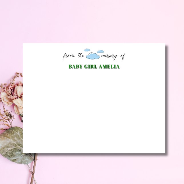 Convites Classic Clouds Forest Green Name Nursery Note Card (Criador carregado)