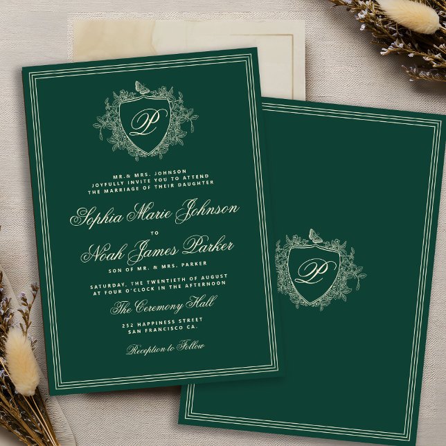 Convites Classic crest monogram emerald green wedding (Criador carregado)