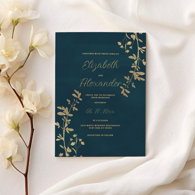 Convites Classic dark green elegant gold floral wedding (Classic dark green elegant gold floral wedding)