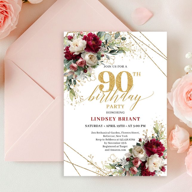 Convites Classic Deep Red Floral Gold 90th Birthday Invite (Classic Deep Red Floral Gold 90th Birthday Invitation)