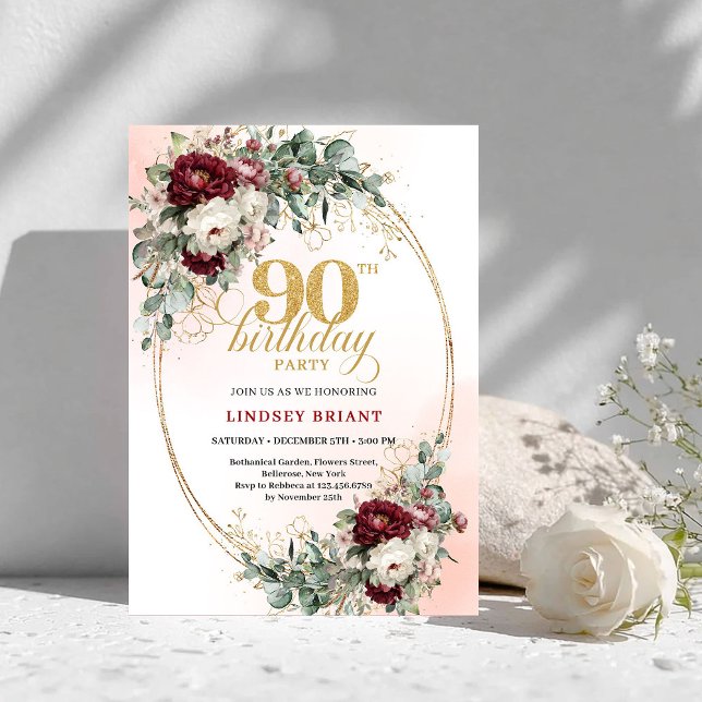 Convites Classic Deep Red Peonies Gold 90th Birthday Invite (Classic Deep Red Peonies Gold 90th Birthday Invitation)