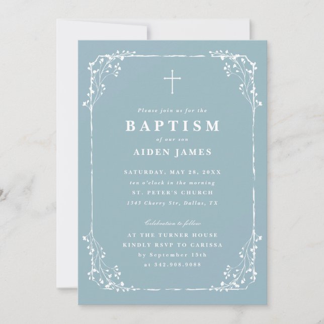 Convites Classic Dusty Blue Dainty Floral Frame Baptism (Frente)