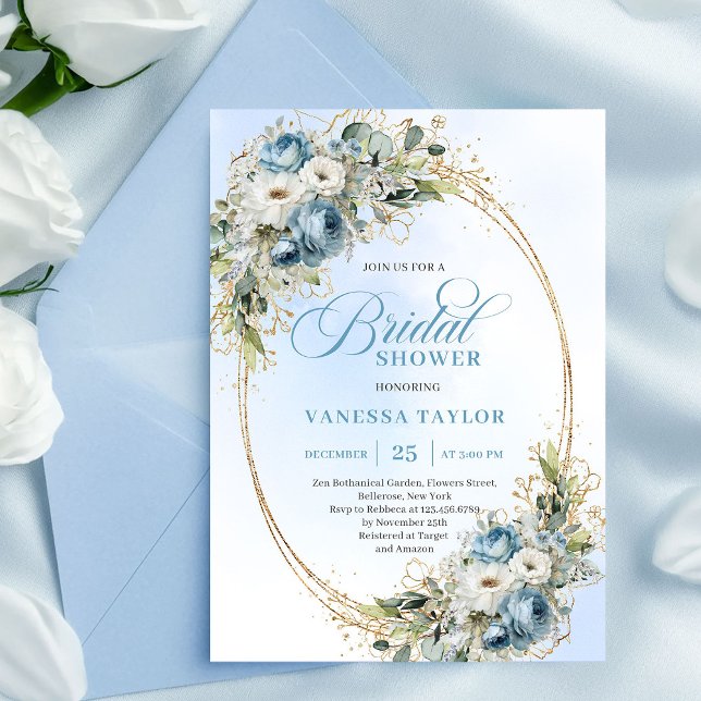 Convites Classic Dusty Blue Floral Eucalyptus Bridal Shower (Classic Dusty Blue Floral Eucalyptus Bridal Shower Invite)