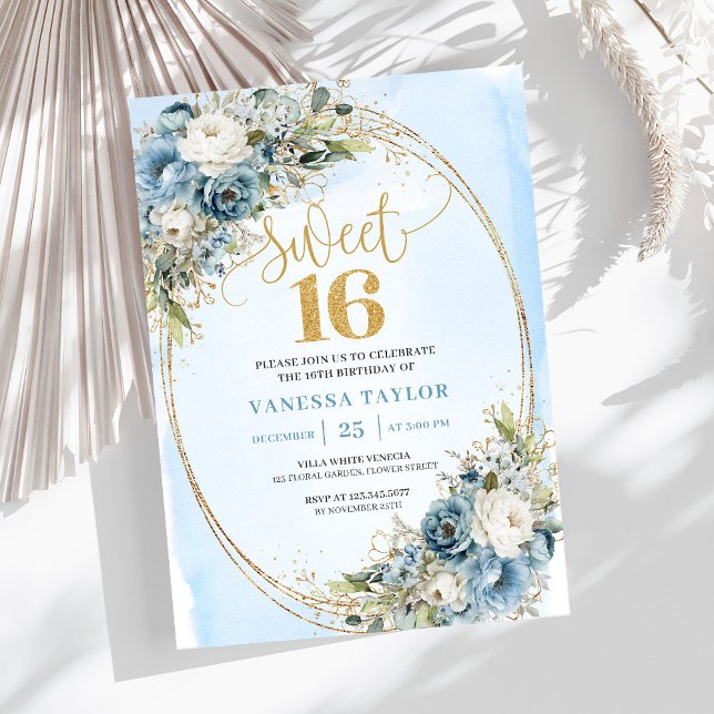 Convites Classic Dusty Blue Floral Sweet 16th Birthday  (Classic Dusty Blue Floral Sweet 16th Birthday Invite)
